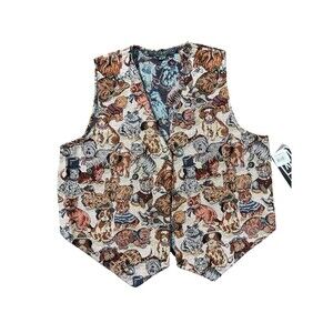 Vtg New Identity Dog And Cat “All-Over” Print Tapestry Vest Women’s Sz XL